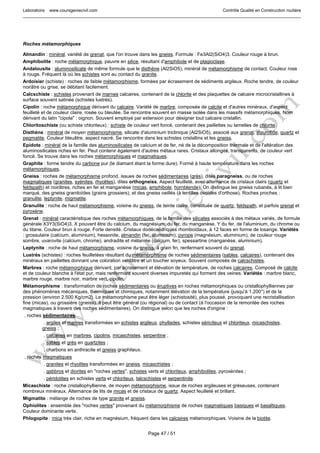 Laboratoire www.coursgeniecivil.com Contrôle Qualité en Construction routière
Page 47 / 51
Roches métamorphiques
Almandin : minéral, variété de grenat, que l'on trouve dans les gneiss. Formule : Fe3Al2(SiO4)3. Couleur rouge à brun.
Amphibolite : roche métamorphique, pauvre en silice, résultant d'amphibole et de plagioclase.
Andalousite : aluminosilicate de même formule que le disthène (Al2SiO5), minéral de métamorphisme de contact. Couleur rose
à rouge. Fréquent là où les schistes sont au contact du granite.
Ardoisier (schiste) : roches de faible métamorphisme, formées par écrasement de sédiments argileux. Roche tendre, de couleur
noirâtre ou grise, se débitant facilement.
Calcschiste : schistes provenant de marnes calcaires, contenant de la chlorite et des plaquettes de calcaire microcristallines à
surface souvent satinée (schistes lustrés).
Cipolin : roche métamorphique dérivant du calcaire. Variété de marbre, composée de calcite et d'autres minéraux, d'aspect
feuilleté et de couleur claire, rosée ou bleutée. Se rencontre souvent en masse isolée dans les massifs métamorphiques. Nom
dérivant du latin "cipola" : oignon. Souvent employé par extension pour désigner tout calcaire cristallin.
Chloritoschiste (ou schiste chloriteux) : schiste de couleur vert foncé, contenant des paillettes ou lamelles de chlorite.
Disthène : minéral de moyen métamorphisme, silicate d'aluminium triclinique (Al2SiO5), associé aux grenat, staurotide, quartz et
pegmatite. Couleur bleuâtre, aspect nacré. Se rencontre dans les schistes cristallins et les gneiss.
Epidote : minéral de la famille des aluminosilicates de calcium et de fer, né de la décomposition thermale et de l'altération des
aluminosilicates riches en fer. Peut contenir également d'autres métaux rares. Cristaux allongés, transparents, de couleur vert
foncé. Se trouve dans les roches métamorphiques et magmatiques.
Graphite : forme tendre du carbone pur (le diamant étant la forme dure). Formé à haute température dans les roches
métamorphiques.
Gneiss : roches de métamorphisme profond, issues de roches sédimentaires (grès), dites paragneiss, ou de roches
magmatiques (granites, syénites, rhyolites), dites orthogneiss. Aspect feuilleté, avec alternance de cristaux clairs (quartz et
feldspath) et noirâtres, riches en fer et manganèse (micas, amphibole, hornblende). On distingue les gneiss rubanés, à lit bien
marqué, des gneiss granitoïdes (grains grossiers), et des gneiss oeillés (à lentilles ovoïdes d'orthose). Roches proches :
granulite, leptynite, migmatite.
Granulite : roche de haut métamorphisme, voisine du gneiss, de teinte claire, constituée de quartz, feldspath, et parfois grenat et
pyroxène.
Grenat : minéral caractéristique des roches métamorphiques, de la famille des silicates associés à des métaux variés, de formule
générale X3Y3(SiO4)3, X pouvant être du calcium, du magnésium, du fer, du manganèse, Y du fer, de l'aluminium, du chrome ou
du titane. Couleur brun à rouge. Forte densité. Cristaux dodécaédriques rhomboïdaux, à 12 faces en forme de losange. Variétés
: grossulaire (calcium, aluminium), hessonite, almandin (fer, aluminium), pyrope (magnésium, aluminium), de couleur rouge
sombre, uvarovite (calcium, chrome), andradite et mélanine (calcium, fer), spessartine (manganèse, aluminium).
Leptynite : roche de haut métamorphisme, voisine du gneiss, à grain fin, renfermant souvent du grenat.
Lustrés (schistes) : roches feuilletées résultant du métamorphisme de roches sédimentaires (sables, calcaires), contenant des
minéraux en paillettes donnant une coloration verdâtre et un toucher soyeux. Souvent composés de calcschistes.
Marbres : roche métamorphique dérivant, par écrasement et élévation de température, de roches calcaires. Composé de calcite
et de couleur blanche à l'état pur, mais renfermant souvent diverses impuretés qui forment des veines. Variétés : marbre blanc,
marbre rouge, marbre noir, marbre vert, cipolin.
Métamorphisme : transformation de roches sédimentaires ou éruptives en roches métamorphiques ou cristallophylliennes par
des phénomènes mécaniques, thermiques et chimiques, notamment élévation de la température (jusqu'à 1.200°) et de la
pression (environ 2.500 Kg/cm2). Le métamorphisme peut être léger (schistosité), plus poussé, provoquant une recristallisation
fine (micas), ou grossière (gneiss). Il peut être général (ou régional) ou de contact (à l'occasion de la remontée des roches
magmatiques à travers des roches sédimentaires). On distingue selon que les roches d'origine :
. roches sédimentaires
. argiles et marnes transformées en schistes argileux, phyllades, schistes sériciteux et chloriteux, micaschistes,
gneiss ;
. calcaires en marbres, cipolins, micaschistes, serpentine ;
. sables et grès en quartzites ;
. charbons en anthracite et gneiss graphiteux.
. roches magmatiques
. granites et rhyolites transformées en gneiss, micaschistes ;
. gabbros et diorites en "roches vertes", schistes verts et chloriteux, amphibolites, pyroxénites ;
. péridotites en schistes verts et chloriteux, talcschistes et serpentinite.
Micaschiste : roche cristallophyllienne, de moyen métamorphisme, issue de roches argileuses et gréseuses, contenant
nombreux minéraux. Alternance de lits de micas et de cristaux de quartz. Aspect feuilleté et brillant.
Migmatite : mélange de roches de type granite et gneiss.
Ophiolites : ensemble des "roches vertes" provenant du métamorphisme de roches magmatiques basiques et basaltiques.
Couleur dominante verte.
Phlogopite : mica très clair, riche en magnésium, fréquent dans les calcaires métamorphiques. Voisine de la biotite.
 