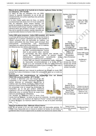 Laboratoire www.coursgeniecivil.com Contrôle Qualité en Construction routière
Page 5 / 51
Mesure de la quantité et de l'activité de la fraction argileuse (Valeur de bleu
de méthylène) - NF P 94-068 :
La valeur de bleu de méthylène d'un sol (VBS)
mesure la capacité d'adsorption du sol et elle est
directement liée à la surface spécifique des particules
constituant le sol.
A la prise d’essai agitée dans de d’eau, on injecte
successivement des doses de 5 ml d’une solution de
bleu de méthylène. Après chaque injection, une
goutte est prélevée et déposée sur un papier filtre. Le
test devient positif lorsque l’auréolé, d’abord incolore,
demeure bleue clair pendant 5 minutes. La valeur de
bleu est la quantité de solution injectée rapportée par
proportionnalité directe à la fraction 0/50 mm du sol.
Agitateur électrique à
ailettes
Etuve
Burette graduée
Chronomètre
Balance 3 kg
Papier filtre
Solution Bleu de
méthylène
Valeur de Bleu
des sols : VBS
sans unité
Indice CBR après immersion - Indice CBR immédiat - NF P 94-078 :
Le principe général de l'essai consiste à mesurer les forces à
appliquer sur un poinçon cylindrique pour le faire pénétrer à
vitesse constante dans une éprouvette de matériau. Les
valeurs particulières des deux forces ayant provoqué deux
enfoncements conventionnels sont respectivement
rapportées aux valeurs des forces observées sur un matériau
de référence pour les mêmes enfoncements.
L'indice CBR (Californian Bearing Ratio)
est défini conventionnellement comme
étant la plus grande valeur, exprimée
en pourcentage, des deux rapports ainsi calculés. Les
valeurs des paramètres (section du poinçon, vitesse
d'enfoncement, enfoncement conventionnel, forces
observées sur le matériau) sont normalisées.
L’indice CBR est mesuré immédiatement après confection
de l’éprouvette conventionnellement à la teneur en eau
Proctor et à une compacité de 95% de l’optimum Proctor
(ICBR immédiat) puis après 4 jours d’immersion dans l’eau (I
CBR après immersion)
On en profite également pour mesurer le gonflement du sol dans le moule CBR
pendant les 4 jours d’immersion à l’aide d’un comparateur placé sur un socle sur
le moule.
Etuve
Balance 35 kg
Balance 400 g
Dame proctor
Moule CBR complet
avec surcharge,
plateau de
gonflement,
comparateur
Bac d’immersion
Presse CBR
Anneau dyn. 30 kN
Anneau dyn. 60 kN
Cadencemètre (si
presse manuelle)
Indice CBR
immédiat : CBR 0j
Indice CBR après
immersion : CBR
4j
Gonflement :
Gl en %
Détermination des caractéristiques de compactage d'un sol (Essais
PROCTOR normal et modifié) - NF P 94-093:
Il consiste à déterminer pour des teneurs en eau
croissantes w les masses volumiques apparentes
sèches obtenues en compactant chaque fois le
matériau dans les mêmes conditions. L'essai Proctor
Normal et l'essai Proctor Modifié diffèrent par l'énergie
de compactage mise en œuvre. Le compactage de
l'échantillon qui ne doit pas contenir d'éléments
supérieurs à 20 mm se fait par couches d'épaisseur
déterminée sous un nombre donné de coups d'une
dame de caractéristiques normalisées.
Les résultats se présentent sous la forme d'une
courbe dont en abscisse : la teneur en eau et en ordonnée : le poids volumique
sec. Cette courbe a un maximum dit "Optimum Proctor" normal ou modifié selon
la nature de l'essai. Ce maximum définit la teneur en eau et le poids volumique
max.
Etuve
Balance 30 kg
Balance 400 gr
Moule Proctor normal
Moule CBR
Dame Proctor
Bac de malaxage
Teneur en eau et
masse volumique
optimale Proctor :
Wopt en % et
γdopt en kg/m3
Essai de Gonflement libre - Méthode d’Essai Interne :
10cc de sol tamisé à 0.4 mm sont versés dans une éprouvette graduée. On
remplit d’eau l’éprouvette est on mesure la variation de hauteur du sol imbibé. Le
gonflement libre FS est le rapport entre la variation de volume et le volume initial.
Tamis 0.4 mm
Eprouvette graduée
Eau
Gonflement libre :
FS en %
 