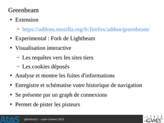 @hellosct1 – cyber Games 2022
Greenbeam
●
Extension
– https://addons.mozilla.org/fr/firefox/addon/greenbeam/
●
Experimenta...