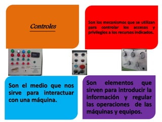Son los mecanismos que se utilizan
para controlar los accesos y
privilegios a los recursos indicados.
Son elementos que
sirven para introducir la
información y regular
las operaciones de las
máquinas y equipos.
Son el medio que nos
sirve para interactuar
con una máquina.
Controles
 