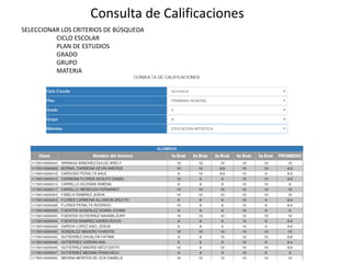 SELECCIONAR LOS CRITERIOS DE BÚSQUEDA
CICLO ESCOLAR
PLAN DE ESTUDIOS
GRADO
GRUPO
MATERIA
Consulta de Calificaciones
 