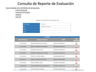 SELECCIONAR LOS CRITERIOS DE BÚSQUEDA
CICLO ESCOLAR
PLAN DE ESTUDIOS
GRADO
GRUPO
Consulta de Reporte de Evaluación
 