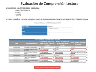 Evaluación de Comprensión Lectora
SELECCIONAR LOS CRITERIOS DE BÚSQUEDA
PLAN DE ESTUDIOS
GRADO
GRUPO
SE DESPLEGARÁ LA LISTA DE ALUMNOS Y HAY QUE IR ELIGIENDO LOS INDICADORES SEGÚN CORRESPONDAN.
 
