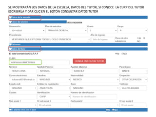 SE MOSTRARÁN LOS DATOS DE LA ESCUELA, DATOS DEL TUTOR, SI CONOCE LA CURP DEL TUTOR
ESCRIBIRLA Y DAR CLIC EN EL BOTÓN CONSULTAR DATOS TUTOR
 