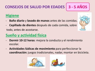 Higiene
- Baño diario y lavado de manos antes de las comidas.
- Cepillado de dientes después de cada comida, sobre
todo, antes de acostarse.
Sueño y actividad física
- Dormir 10-12 horas: mejora la conducta y el rendimiento
escolar.
- Actividades lúdicas de movimiento para perfeccionar la
coordinación: juegos tradicionales, nadar, montar en bicicleta.
CONSEJOS DE SALUD POR EDADES 3 - 5 AÑOS
 