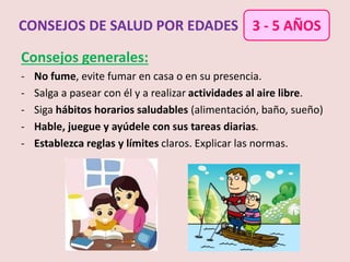Consejos generales:
- No fume, evite fumar en casa o en su presencia.
- Salga a pasear con él y a realizar actividades al aire libre.
- Siga hábitos horarios saludables (alimentación, baño, sueño)
- Hable, juegue y ayúdele con sus tareas diarias.
- Establezca reglas y límites claros. Explicar las normas.
CONSEJOS DE SALUD POR EDADES 3 - 5 AÑOS
 