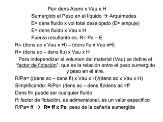 Pa= dens Acero x Vau x H
Sumergido el Peso en el líquido  Arquímedes
E= dens fluido x vol total desalojado (E= empuje)
E=...