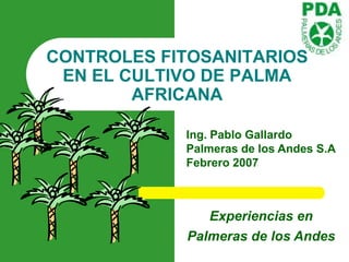 CONTROLES FITOSANITARIOS
 EN EL CULTIVO DE PALMA
        AFRICANA

            Ing. Pablo Gallardo
            Palmeras de los Andes S.A
            Febrero 2007



               Experiencias en
            Palmeras de los Andes
 