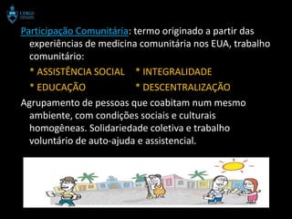 Participação Comunitária: termo originado a partir das
  experiências de medicina comunitária nos EUA, trabalho
  comunitário:
  * ASSISTÊNCIA SOCIAL * INTEGRALIDADE
  * EDUCAÇÃO              * DESCENTRALIZAÇÃO
Agrupamento de pessoas que coabitam num mesmo
  ambiente, com condições sociais e culturais
  homogêneas. Solidariedade coletiva e trabalho
  voluntário de auto-ajuda e assistencial.
 