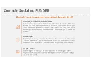 Controle Social no FUNDEB
Quais são os atuais mecanismos previstos de Controle Social?
FISCALIZAÇÃO
Fiscalização e punição quanto à aplicação dos recursos é feita pelos
Tribunais de Contas e órgãos de controle interno do Poder Executivo nos
diferentes níveis federativos De acordo com o artigo 26 da Lei do Fundeb
SISTEMA DIGITAL
Sistema digital de prestação de contas (Sistema de Informações sobre
Orçamentos Públicos em Educação - SIOPE). Em concordância com o arPgo
30 da Lei do Fundeb.
PUBLICIDADE DOS REGISTROS CONTÁBEIS
Publicização pelo Governo Federal da estimativa da receita total dos
Fundos, do valor da complementação da União, dos valores anuais por
aluno no âmbito do Distrito Federal e de cada Estado e do valor anual
mínimo por aluno definido nacionalmente. Conforme artigo 25 da Lei do
Fundeb.
 