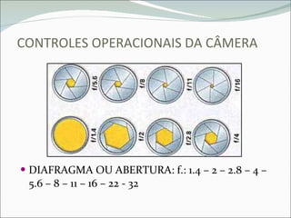 CONTROLES OPERACIONAIS DA CÂMERA DIAFRAGMA OU ABERTURA: f.: 1.4 – 2 – 2.8 – 4 – 5.6 – 8 – 11 – 16 – 22 - 32 
