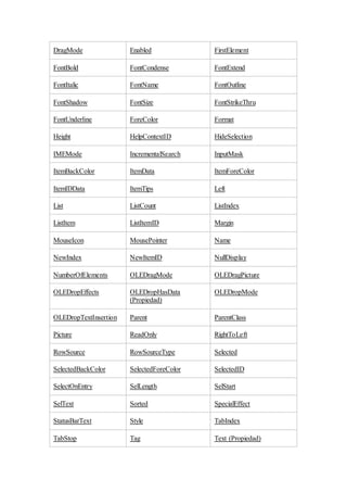 DragMode Enabled FirstElement
FontBold FontCondense FontExtend
FontItalic FontName FontOutline
FontShadow FontSize FontStrikeThru
FontUnderline ForeColor Format
Height HelpContextID HideSelection
IMEMode IncrementalSearch InputMask
ItemBackColor ItemData ItemForeColor
ItemIDData ItemTips Left
List ListCount ListIndex
ListItem ListItemID Margin
MouseIcon MousePointer Name
NewIndex NewItemID NullDisplay
NumberOfElements OLEDragMode OLEDragPicture
OLEDropEffects OLEDropHasData
(Propiedad)
OLEDropMode
OLEDropTextInsertion Parent ParentClass
Picture ReadOnly RightToLeft
RowSource RowSourceType Selected
SelectedBackColor SelectedForeColor SelectedID
SelectOnEntry SelLength SelStart
SelText Sorted SpecialEffect
StatusBarText Style TabIndex
TabStop Tag Text (Propiedad)
 