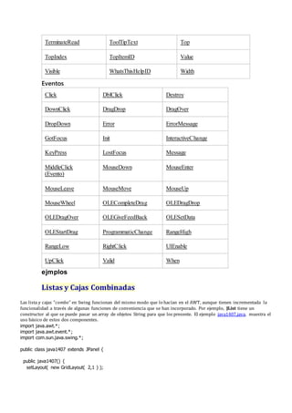 TerminateRead ToolTipText Top
TopIndex TopItemID Value
Visible WhatsThisHelpID Width
Eventos
Click DblClick Destroy
DownClick DragDrop DragOver
DropDown Error ErrorMessage
GotFocus Init InteractiveChange
KeyPress LostFocus Message
MiddleClick
(Evento)
MouseDown MouseEnter
MouseLeave MouseMove MouseUp
MouseWheel OLECompleteDrag OLEDragDrop
OLEDragOver OLEGiveFeedBack OLESetData
OLEStartDrag ProgrammaticChange RangeHigh
RangeLow RightClick UIEnable
UpClick Valid When
ejmplos
Listas y Cajas Combinadas
Las lista y cajas "combo" en Swing funcionan del mismo modo que lo hacían en el AWT, aunque tienen incrementada la
funcionalidad a través de algunas funciones de conveniencia que se han incorporado. Por ejemplo, JList tiene un
constructor al que se puede pasar un array de objetos String para que los presente. El ejemplo java1407.java, muestra el
uso básico de estos dos componentes.
import java.awt.*;
import java.awt.event.*;
import com.sun.java.swing.*;
public class java1407 extends JPanel {
public java1407() {
setLayout( new GridLayout( 2,1 ) );
 