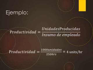 Ejemplo:
Pr𝑜𝑑𝑢𝑐𝑡𝑖𝑣𝑖𝑑𝑎𝑑 =
𝑈𝑛𝑖𝑑𝑎𝑑𝑒𝑠Pr𝑜𝑑𝑢𝑐𝑖𝑑𝑎𝑠
𝐼𝑛𝑠𝑢𝑚𝑜 𝑑𝑒 𝑒𝑚𝑝𝑙𝑒𝑎𝑑𝑜
Pr𝑜𝑑𝑢𝑐𝑡𝑖𝑣𝑖𝑑𝑎𝑑 =
1000𝑢𝑛𝑖𝑑𝑎𝑑𝑒𝑠
250ℎ𝑟𝑠
= 4 units/hr
 
