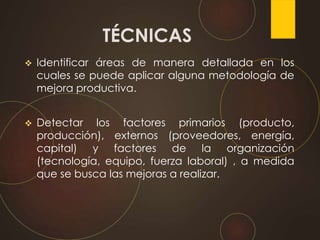  Identificar áreas de manera detallada en los
cuales se puede aplicar alguna metodología de
mejora productiva.
 Detectar los factores primarios (producto,
producción), externos (proveedores, energía,
capital) y factores de la organización
(tecnología, equipo, fuerza laboral) , a medida
que se busca las mejoras a realizar.
TÉCNICAS
 