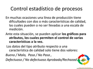 Control estadístico de procesos
En muchas ocasiones una línea de producción tiene
dificultades con dos o más características de calidad,
las cuales pueden o no ser llevadas a una escala de
medición.
Ante esta situación, se pueden aplicar los gráficos para
atributos, los cuales permiten el control de varias
características a la vez.
Los datos del tipo atributo respecto a una
característica de calidad solo tiene dos valores:
Bueno / Malo, Pasa / No Pasa ,
Defectuoso / No defectuoso Aprobado/Rechazado
 