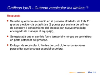 45 de 116
Gráficos I;mR - Cuándo recalcular los límites (3)
Respuesta
 Se sabe que hubo un cambio en el proceso alrededor de Feb 11,
gracias a evidencia estadística (8 puntos por encima de la línea
de centro) y a conocimiento del proceso (un nuevo empleado
encargado de manejar el equipaje).
 Se esperaba que el cambio fuera temporal y no que se convirtiera
en parte estándar del proceso.
 En lugar de recalcular lo límites de control, tomaron acciones
para evitar que la causa especial ocurriera.
 