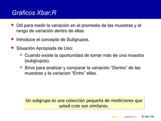 61 de 116
Gráficos Xbar;R
 Útil para medir la variación en el promedio de las muestras y el
rango de variación dentro de ellas.
 Introduce el concepto de Subgrupos.
 Situación Apropiada de Uso:
 Cuando existe la oportunidad de tomar más de una muestra
(subgrupos).
 Sirve para analizar y comparar la variación “Dentro” de las
muestras y la variacion “Entre” ellas.
Un subgrupo es una colección pequeña de mediciones que
usted cree son similares.
Un subgrupo es una colección pequeña de mediciones que
usted cree son similares.
 