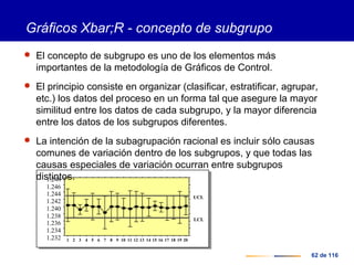 62 de 116
1 2 3 4 5 6 7 8 9 10 11 12 13 14 15 16 17 18 19 201.232
1.234
1.236
1.238
1.240
1.242
1.244
1.246
1.248
UCL
LCL
σ
Gráficos Xbar;R - concepto de subgrupo
 El concepto de subgrupo es uno de los elementos más
importantes de la metodología de Gráficos de Control.
 El principio consiste en organizar (clasificar, estratificar, agrupar,
etc.) los datos del proceso en un forma tal que asegure la mayor
similitud entre los datos de cada subgrupo, y la mayor diferencia
entre los datos de los subgrupos diferentes.
 La intención de la subagrupación racional es incluir sólo causas
comunes de variación dentro de los subgrupos, y que todas las
causas especiales de variación ocurran entre subgrupos
distintos.
 