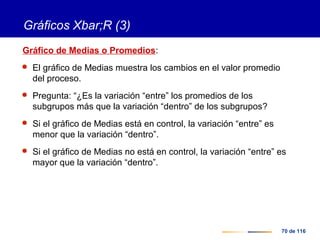 70 de 116
Gráficos Xbar;R (3)
Gráfico de Medias o Promedios:
 El gráfico de Medias muestra los cambios en el valor promedio
del proceso.
 Pregunta: “¿Es la variación “entre” los promedios de los
subgrupos más que la variación “dentro” de los subgrupos?
 Si el gráfico de Medias está en control, la variación “entre” es
menor que la variación “dentro”.
 Si el gráfico de Medias no está en control, la variación “entre” es
mayor que la variación “dentro”.
 