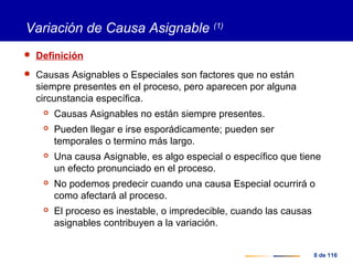 8 de 116
Variación de Causa Asignable (1)
 Definición
 Causas Asignables o Especiales son factores que no están
siempre presentes en el proceso, pero aparecen por alguna
circunstancia específica.
 Causas Asignables no están siempre presentes.
 Pueden llegar e irse esporádicamente; pueden ser
temporales o termino más largo.
 Una causa Asignable, es algo especial o específico que tiene
un efecto pronunciado en el proceso.
 No podemos predecir cuando una causa Especial ocurrirá o
como afectará al proceso.
 El proceso es inestable, o impredecible, cuando las causas
asignables contribuyen a la variación.
 