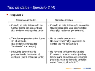 83 de 116
Tipo de datos - Ejercicio 2 (4)
 Pregunta 3
Discretos-Atributos Discretos-Conteo
• Cuando se esta interesado en
Contar ítems con un atributo
(Ex: ordenes entregadas tarde)
• Tambien se puede contar items
sin el atributo
(Ex: ordenes entregadas
“no-tarde” = a tiempo)
• Se puede determinar la
proporción de ítems con el
atributo (Ex: % entregas tarde)
• Cuando se esta interesado en contar
Ocurrencias para una oportunidad
dada (Ej: reclamos por semana)
• No se puede contar una
No-ocurrencia” (Ej: imposible de
contar los “no-reclamos”)
• No hay una limitante fisica para
El numero de ocurrencias (no hay
limite para el numero de reclamos
posibles; esto es llamado también
como “conteo al infinito”)
 