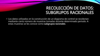RECOLECCIÓN DE DATOS:
SUBGRUPOS RACIONALES
• Los datos utilizados en la construcción de un diagrama de control se recolectan
mediante cierto número de muestras tomadas durante determinado periodo. A
estas muestras se les conoce como subgrupos racionales.
 