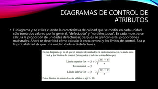 DIAGRAMAS DE CONTROL DE
ATRIBUTOS
• El diagrama p se utiliza cuando la característica de calidad que se medirá en cada unidad
sólo toma dos valores; por lo general, “defectuoso” y “no defectuoso”. En cada muestra se
calcula la proporción de unidades defectuosas; después se grafican estas proporciones
muéstrales. Ahora se describirá cómo calcular la recta central y los límites de control. Sea p
la probabilidad de que una unidad dada esté defectuosa.
 