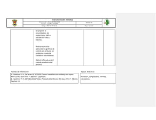 Instrumentación Didáctica
Referencia de la Norma ISO 9001:2008
7.1, 7.2.1, 7.5.1, 8.1, 8.2.4, 8.4
Revisión: 03
Código: ITSH-PAC-FO-DI-02 Página 12 de 16
Se propone la
ensambladora de
motocicletas itálika
ubicada en Toluca,
Edomex.
Realizarejercicios
aplicando los gráficos de
control por atributos en
problemas reales de
calidad en las empresas.
Aplicar software para el
control estadístico del
proceso.
Fuentes de información Apoyos didácticos
1.- Gutiérrez P. H., De la vara Z. R.(2009) Control estadístico de calidad y seis sigma,
México: Mc. Graw-hill. 2ª. Edición. Capítulo 8.
2.- Gutiérrez P. H. (2010) Calidad Total y Productividad,Mexico: Mc Graw Hill. 3ª. Edición.
Capítulo 14.
Plumones, computadora, minitab,
calculadora.
 