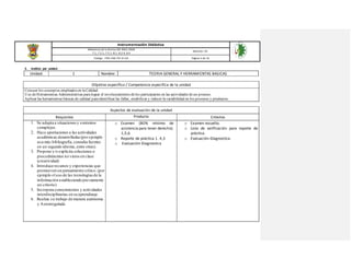 Instrumentación Didáctica
Referencia de la Norma ISO 9001:2008
7.1, 7.2.1, 7.5.1, 8.1, 8.2.4, 8.4
Revisión: 03
Código: ITSH-PAC-FO-DI-02 Página 3 de 16
3. Análisis por unidad
Unidad: 1 Nombre: TEORIA GENERAL Y HERRAMIENTAS BASICAS
Objetivo específico / Competencia especifica de la unidad
Conocer los conceptos empleadosen la Calidad.
Uso de Herramientas Administrativas para lograr el involucramiento de los participantes en las actividades de un proceso.
Aplicar las herramientas básicas de calidad para identificar las fallas, estabilizar y reducir la variabilidad en los procesos y productos.
Aspectos de evaluación de la unidad
Requisitos Producto Criterios
1. Se adapta a situaciones y contextos
complejos.
2. Hace aportaciones a las actividades
académicas desarrolladas (por ejemplo
usa más bibliografía, consulta fuentes
en un segundo idioma, entre otras).
3. Propone y/o explicita soluciones o
procedimientos no vistos en clase
(creatividad)
4. Introduce recursos y experiencias que
promueven un pensamiento crítico. (por
ejemplo el uso de las tecnologías de la
información estableciendo previamente
un criterio)
5. Incorpora conocimientos y actividades
interdisciplinarias en su aprendizaje.
6. Realiza su trabajo de manera autónoma
y Autorregulada
o Examen (80% mínimo de
asistencia para tener derecho).
1,5,6
o Reporte de práctica 1. 4,3
o Evaluación Diagnostica
o Examen resuelto.
o Lista de verificación para reporte de
práctica.
o Evaluación Diagnostica.
 