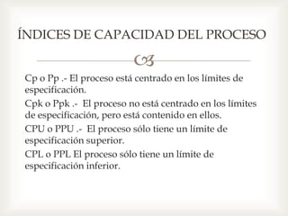 
Cp o Pp .- El proceso está centrado en los límites de
especificación.
Cpk o Ppk .- El proceso no está centrado en los límites
de especificación, pero está contenido en ellos.
CPU o PPU .- El proceso sólo tiene un límite de
especificación superior.
CPL o PPL El proceso sólo tiene un límite de
especificación inferior.
ÍNDICES DE CAPACIDAD DEL PROCESO
 
