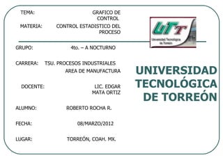 TEMA:                        GRAFICO DE
                               CONTROL
 MATERIA:        CONTROL ESTADISTICO DEL
                                PROCESO


GRUPO:                4to. – A NOCTURNO


CARRERA:     TSU. PROCESOS INDUSTRIALES
                    AREA DE MANUFACTURA     UNIVERSIDAD
  DOCENTE:                     LIC. EDGAR   TECNOLÓGICA
                              MATA ORTIZ
                                             DE TORREÓN
ALUMNO:             ROBERTO ROCHA R.


FECHA:                   08/MARZO/2012


LUGAR:               TORREÓN, COAH. MX.
 