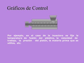 Gráficos de ControlGráficos de Control
Por ejemplo, en el caso de la inyectora se fija la
temperatura de fusión del plástico, la velocidad de
trabajo, la presión del pistón, la materia prima que se
utiliza, etc.
 