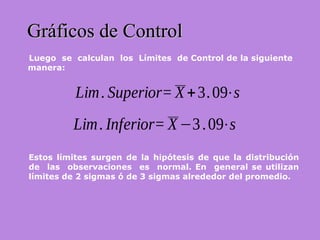 Luego se calculan los Límites de Control de la siguiente
manera:
Gráficos de ControlGráficos de Control
Lim. Superior= X+3.09⋅s
Lim. Inferior= X−3.09⋅s
Estos límites surgen de la hipótesis de que la distribución
de las observaciones es normal. En general se utilizan
límites de 2 sigmas ó de 3 sigmas alrededor del promedio.
 