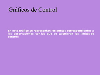 Gráficos de ControlGráficos de Control
En este gráfico se representan los puntos correspondientes a
las observaciones con las que se calcularon los límites de
control:
 