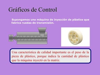 Supongamos una máquina de inyección de plástico que
fabrica ruedas de transmisión.
Gráficos de ControlGráficos de Control
Una característica de calidad importante es el peso de la
pieza de plástico, porque indica la cantidad de plástico
que la máquina inyectó en la matriz.
 