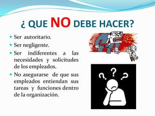 ¿ QUE NO DEBE HACER?
 Ser autoritario.
 Ser negligente.
 Ser   indiferentes a las
  necesidades y solicitudes
  de los empleados.
 No asegurarse de que sus
  empleados entiendan sus
  tareas y funciones dentro
  de la organización.
 