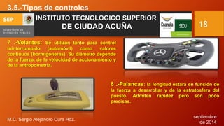 septiembre 
de 2014 
3.5.-Tipos de controles 
M.C. Sergio Alejandro Cura Hdz. 
18 
INSTITUTO TECNOLOGICO SUPERIOR 
DE CIUDAD ACUÑA 
7 .-Volantes: Se utilizan tanto para control 
ininterrumpido (automóvil) como valores 
continuos (hormigoneras). Su diámetro depende 
de la fuerza, de la velocidad de accionamiento y 
de la antropometría. 
8 .-Palancas: la longitud estará en función de 
la fuerza a desarrollar y de la estratosfera del 
puesto. Admiten rapidez pero son poco 
precisas. 
 