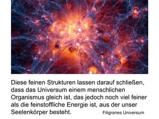 . 
Diese feinen Strukturen lassen darauf schließen, 
dass das Universum einem menschlichen 
Organismus gleich ist, das jedoch noch viel feiner 
als die feinstoffliche Energie ist, aus der unser 
Seelenkörper besteht. Filigranes Universum 
 