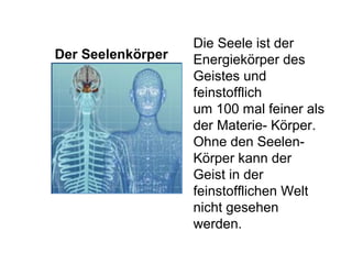 Der Seelenkörper 
Die Seele ist der 
Energiekörper des 
Geistes und 
feinstofflich 
um 100 mal feiner als 
der Materie- Körper. 
Ohne den Seelen- 
Körper kann der 
Geist in der 
feinstofflichen Welt 
nicht gesehen 
werden. 
 