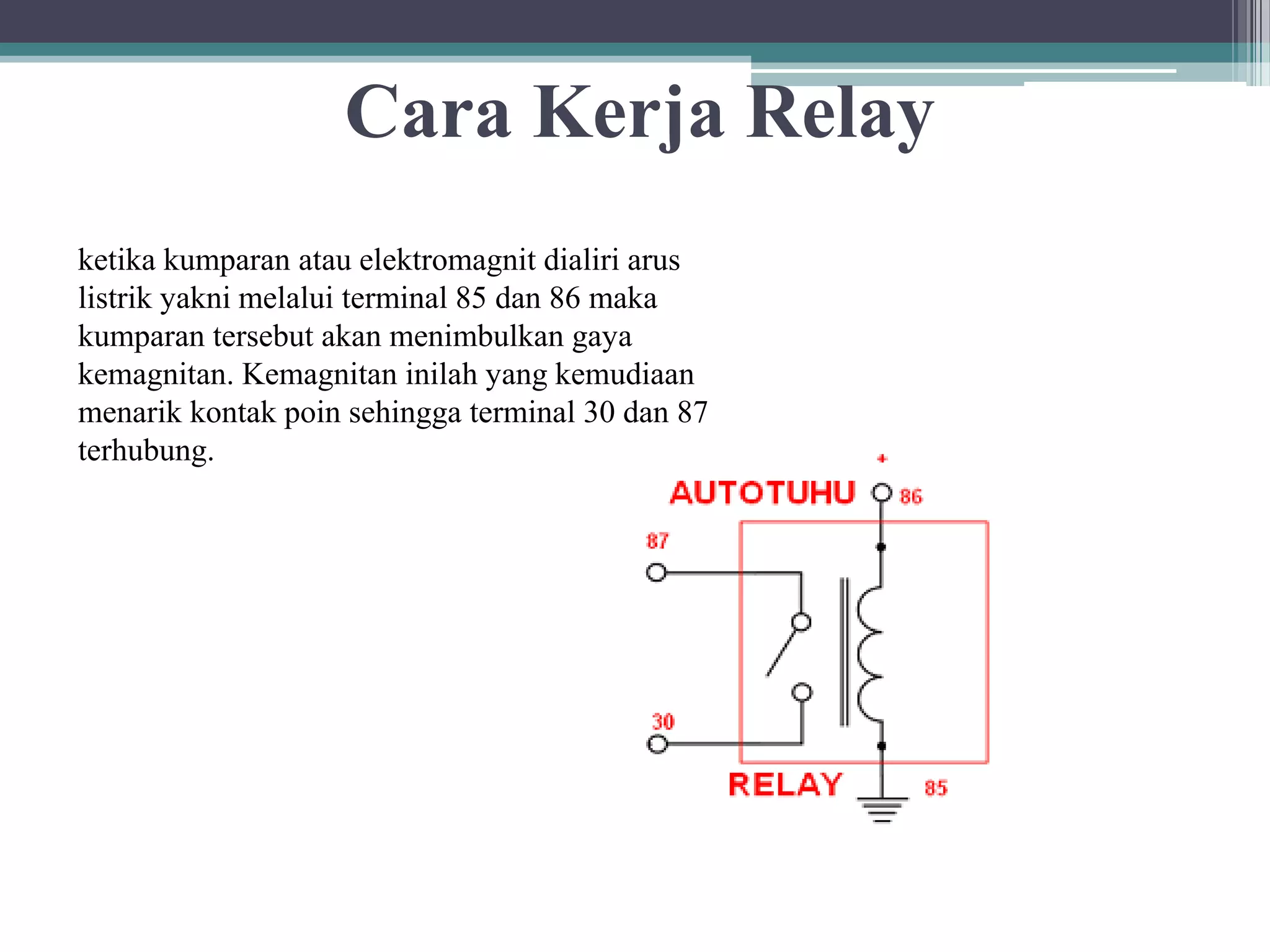 Cara Kerja Relay ketika kumparan atau elektromagnit dialiri arus listrik yakni melalui terminal 85 dan 86 maka kumparan tersebut akan menimbulkan gaya kemagnitan. Kemagnitan inilah yang kemudiaan menarik kontak poin sehingga terminal 30 dan 87 terhubung. 