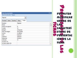 Permiten modificar varias de las características de presentación de la fichaPropiedades de las fichas 