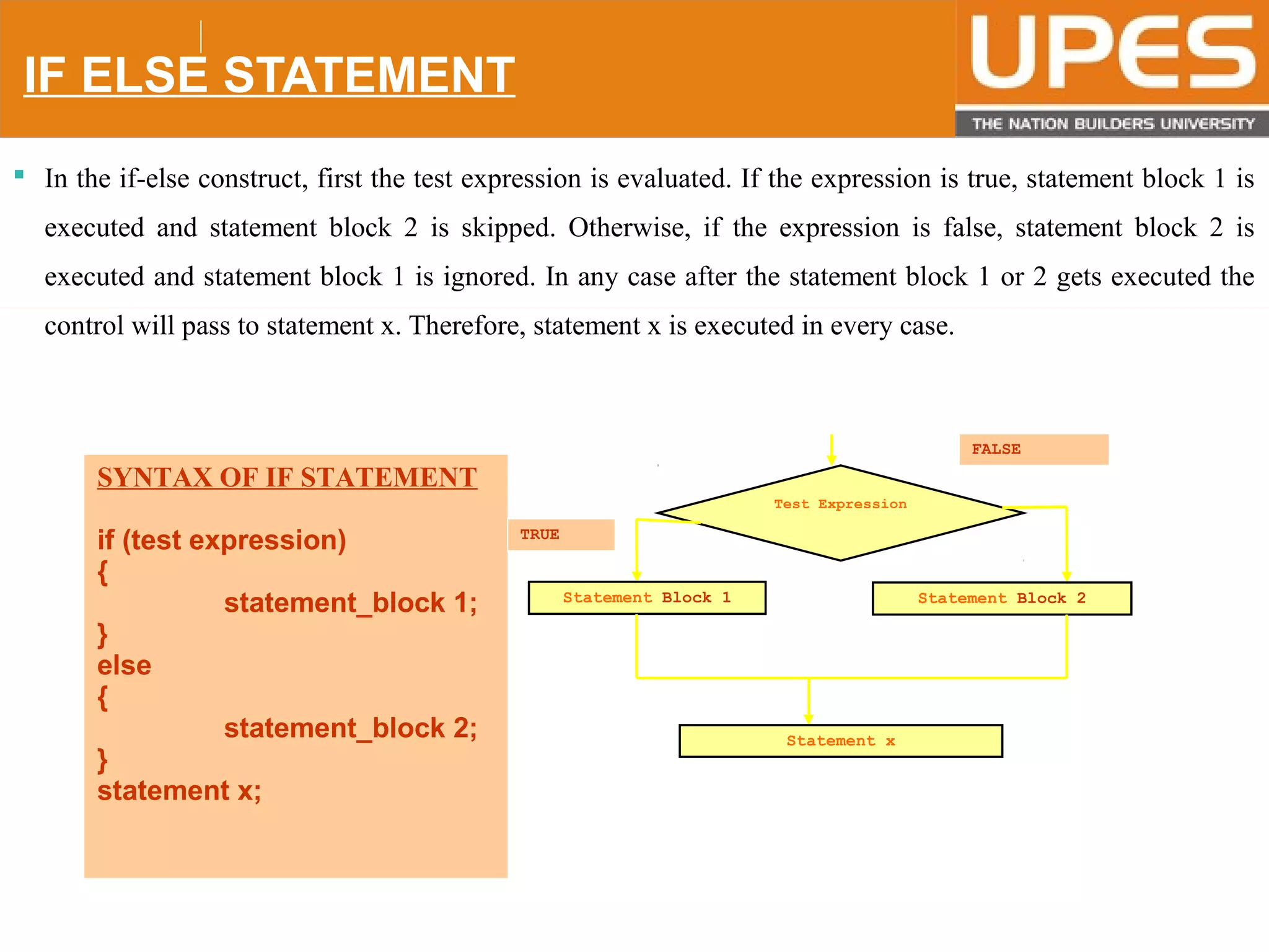 © 2015UPESJuly 2015 Department. Of Civil Engineering
IF ELSE STATEMENT
 In the if-else construct, first the test expression is evaluated. If the expression is true, statement block 1 is
executed and statement block 2 is skipped. Otherwise, if the expression is false, statement block 2 is
executed and statement block 1 is ignored. In any case after the statement block 1 or 2 gets executed the
control will pass to statement x. Therefore, statement x is executed in every case.
SYNTAX OF IF STATEMENT
if (test expression)
{
statement_block 1;
}
else
{
statement_block 2;
}
statement x;
Test Expression
Statement Block 1
TRUE
Statement x
FALSE
Statement Block 2
 