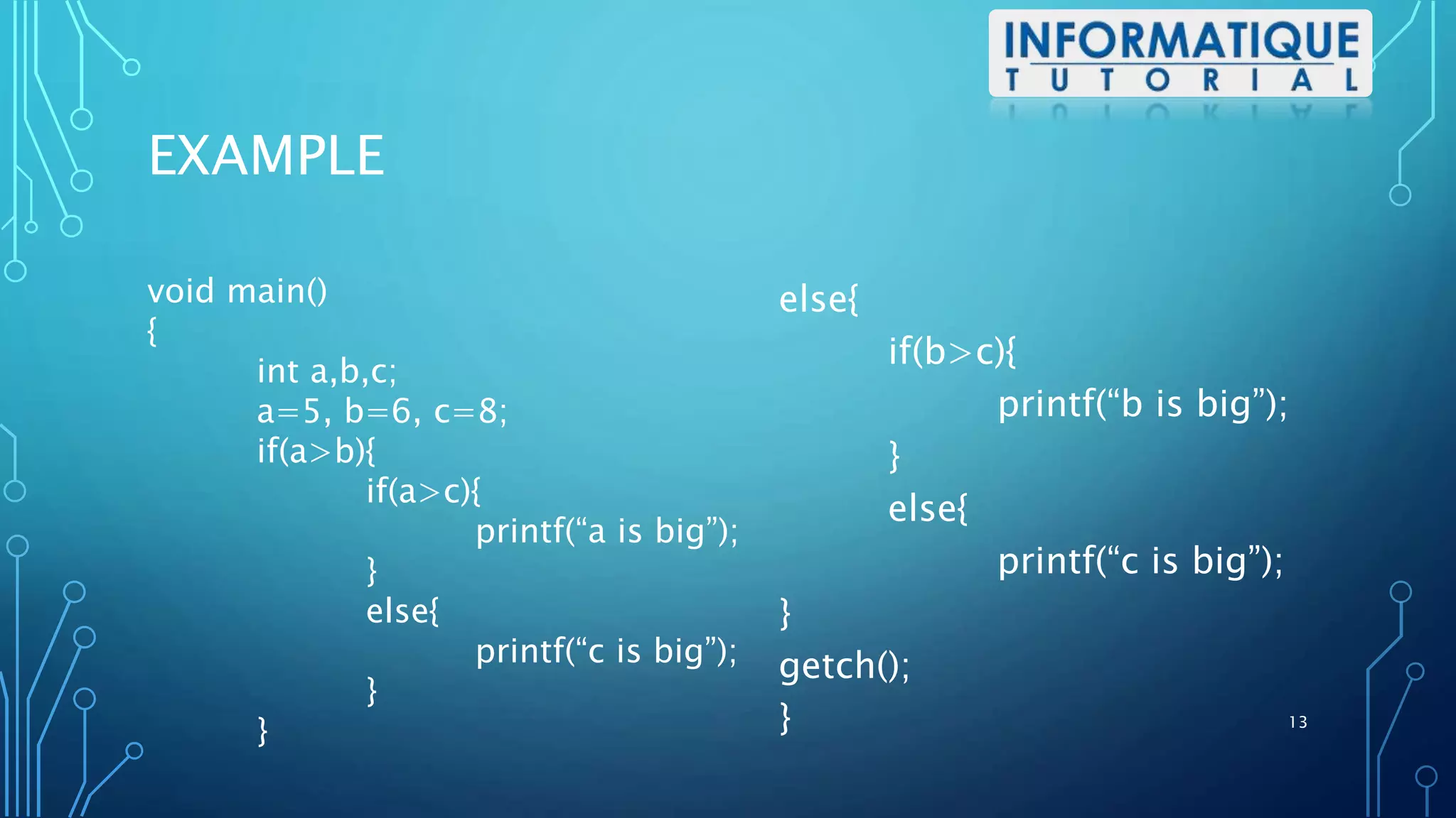 EXAMPLE
void main()
{
int a,b,c;
a=5, b=6, c=8;
if(a>b){
if(a>c){
printf(“a is big”);
}
else{
printf(“c is big”);
}
}
else{
if(b>c){
printf(“b is big”);
}
else{
printf(“c is big”);
}
getch();
} 13
 