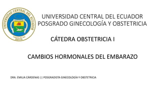 UNIVERSIDAD CENTRAL DEL ECUADOR
POSGRADO GINECOLOGÍA Y OBSTETRICIA
CÁTEDRA OBSTETRICIA I
CAMBIOS HORMONALES DEL EMBARAZO
DRA. EMILIA CÁRDENAS || POSGRADISTA GINECOLOGÍA Y OBSTETRICIA
 