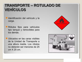 TRANSPORTE – ROTULADO DETRANSPORTE – ROTULADO DE
VEHÍCULOSVEHÍCULOS
Identificación del vehículo y la
carga.
Rótulos fijos para vehículos
tipo tanque y removibles para
los demás.
Ubicados en las caras visibles
de la Unidad de Transporte a
una altura media. Los rótulos
no deberán ser menores de 25
cm X 25 cm.
 