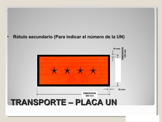 TRANSPORTE – PLACA UNTRANSPORTE – PLACA UN
DIMENSION
300 mm
DIMENSION
120mm
10 mm
10 mm
• Rótulo secundario (Para indicar el número de la UN)
 