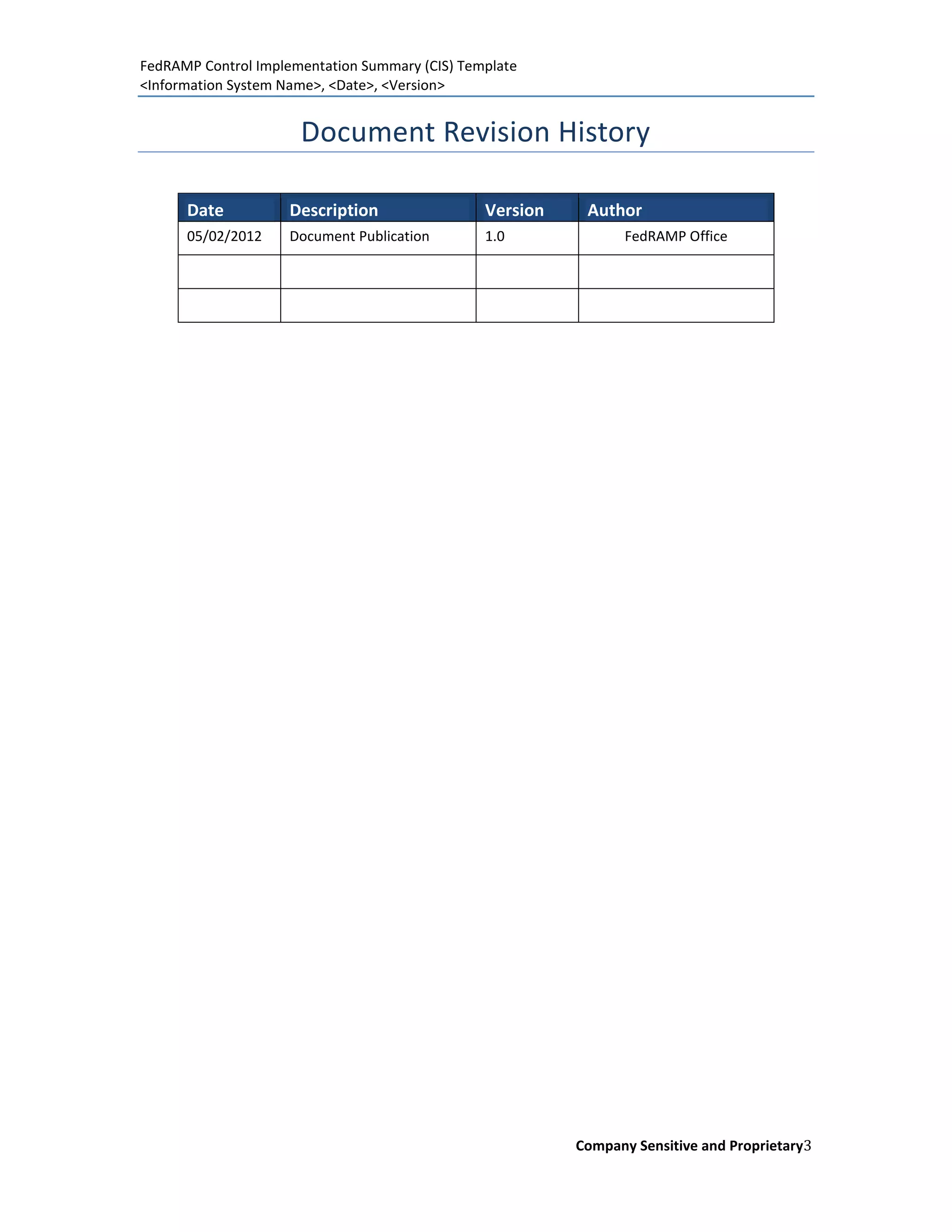 FedRAMP Control Implementation Summary (CIS) Template
<Information System Name>, <Date>, <Version>


                      Document Revision History

      Date           Description                Version    Author
      05/02/2012     Document Publication       1.0              FedRAMP Office




                                                          Company Sensitive and Proprietary3
 