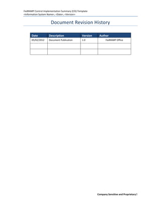 FedRAMP Control Implementation Summary (CIS) Template
<Information System Name>, <Date>, <Version>


                      Document Revision History

      Date           Description                Version    Author
      05/02/2012     Document Publication       1.0              FedRAMP Office




                                                          Company Sensitive and Proprietary3
 