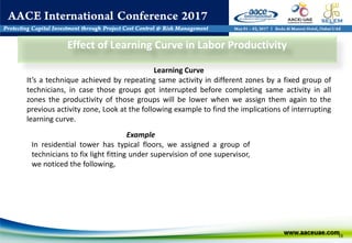 19
Effect of Learning Curve in Labor Productivity
Learning Curve
It’s a technique achieved by repeating same activity in different zones by a fixed group of
technicians, in case those groups got interrupted before completing same activity in all
zones the productivity of those groups will be lower when we assign them again to the
previous activity zone, Look at the following example to find the implications of interrupting
learning curve.
Example
In residential tower has typical floors, we assigned a group of
technicians to fix light fitting under supervision of one supervisor,
we noticed the following,
 